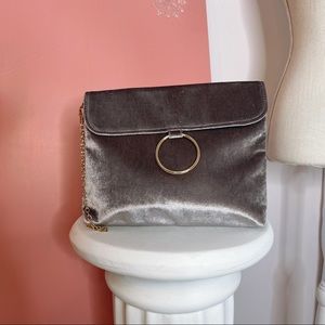 Holiday silver grey velvet clasp bag with gold hoop and gold wristlet